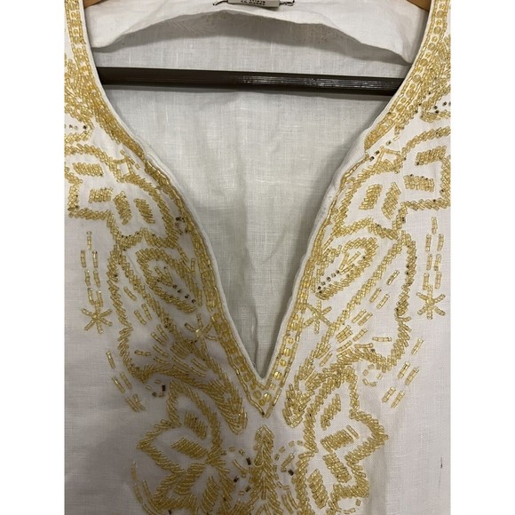 Michael Kors Tops - Michael Kors 100% Linen Top Tunic White Beaded Neckline Sleeves Women’s M